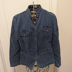Indigo Palms High Collar Button Jacket - Soft Denim, flaring waist - like new XL